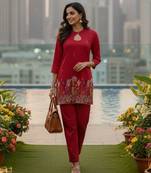 Pink cotton silk embroidered co-ord set for trendy girls