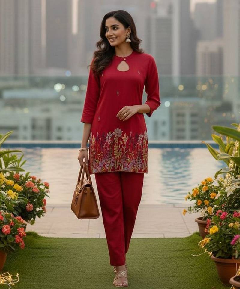 Pink cotton silk embroidered co-ord set for trendy girls