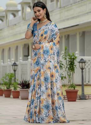 off white chinon silk blend floral printed with mirror cut border ready to wear saree 2