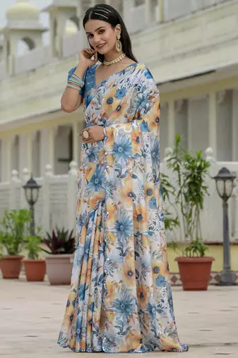 off white chinon silk blend floral printed with mirror cut border ready to wear saree