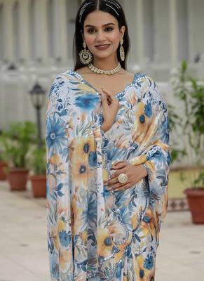 off white chinon silk blend floral printed with mirror cut border ready to wear saree 3
