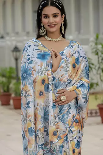 off white chinon silk blend floral printed with mirror cut border ready to wear saree