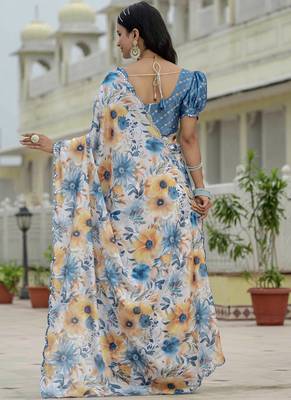 off white chinon silk blend floral printed with mirror cut border ready to wear saree 4