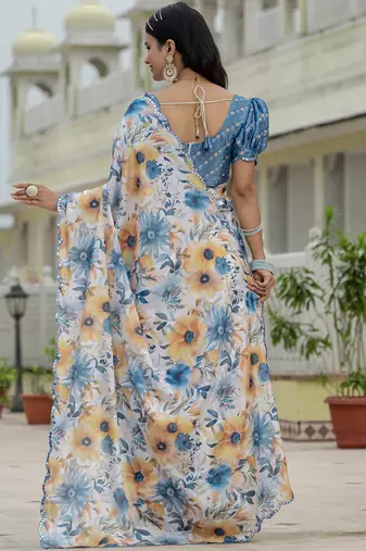 off white chinon silk blend floral printed with mirror cut border ready to wear saree