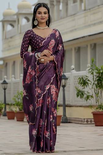 wine chinon silk blend floral printed with mirror cut border ready to wear saree