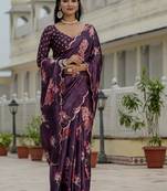 wine chinon silk blend floral printed with mirror cut border ready to wear saree