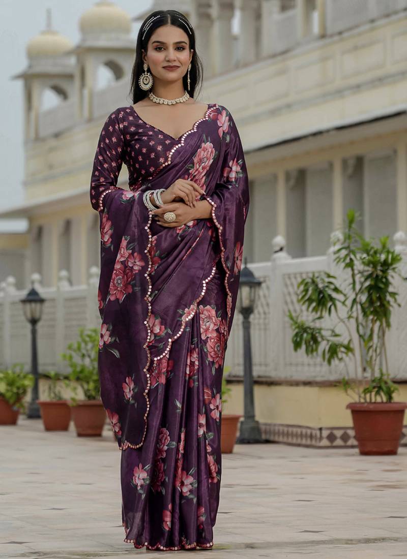 wine chinon silk blend floral printed with mirror cut border ready to wear saree