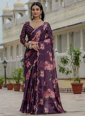 wine chinon silk blend floral printed with mirror cut border ready to wear saree 2