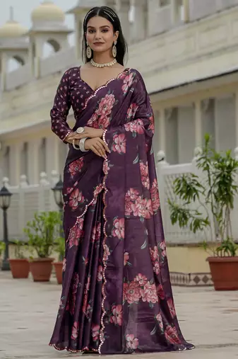 wine chinon silk blend floral printed with mirror cut border ready to wear saree