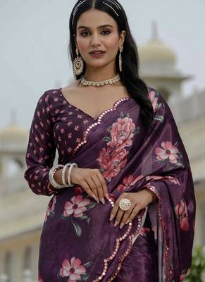 wine chinon silk blend floral printed with mirror cut border ready to wear saree 3