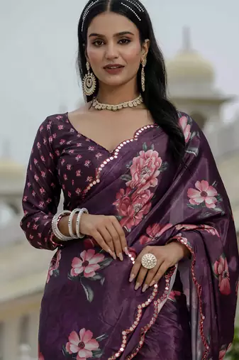 wine chinon silk blend floral printed with mirror cut border ready to wear saree