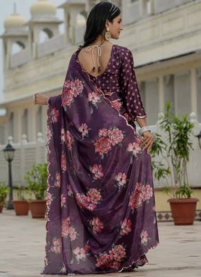 wine chinon silk blend floral printed with mirror cut border ready to wear saree 4
