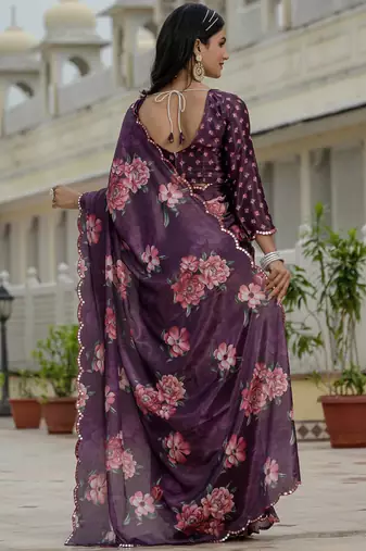 wine chinon silk blend floral printed with mirror cut border ready to wear saree