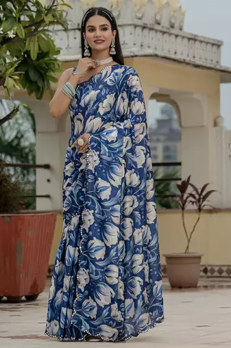 blue chinon silk blend floral printed with mirror cut border ready to wear saree