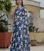 blue chinon silk blend floral printed with mirror cut border ready to wear saree