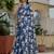 blue chinon silk blend floral printed with mirror cut border ready to wear saree