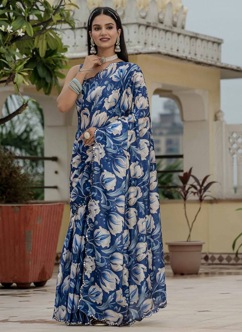 blue chinon silk blend floral printed with mirror cut border ready to wear saree