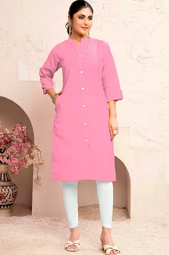 Baby pink magic cotton embroidered solid formal girlie kurta