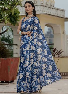 blue chinon silk blend floral printed with mirror cut border ready to wear saree 2