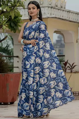 blue chinon silk blend floral printed with mirror cut border ready to wear saree