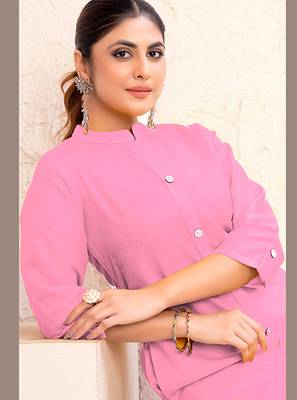 Baby pink magic cotton embroidered solid formal kurta 2