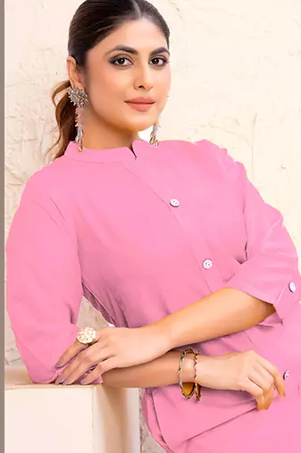 Baby pink magic cotton embroidered solid formal kurta