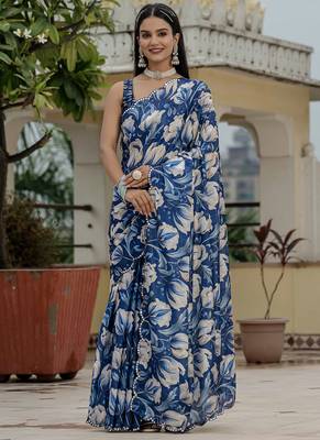 blue chinon silk blend floral printed with mirror cut border ready to wear saree 3