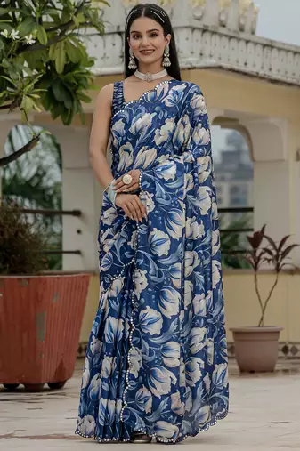 blue chinon silk blend floral printed with mirror cut border ready to wear saree