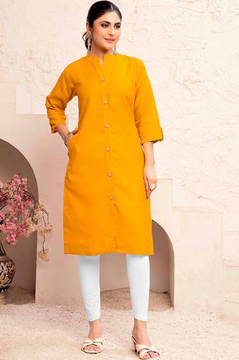 Yellow magic cotton embroidered solid formal girlie kurta