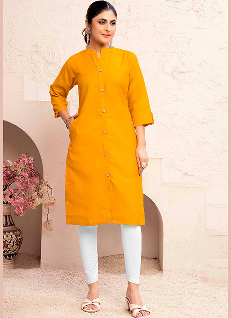 Yellow magic cotton embroidered solid formal girlie kurta