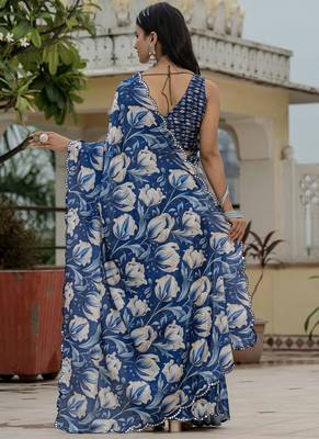 blue chinon silk blend floral printed with mirror cut border ready to wear saree 4