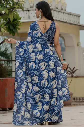 blue chinon silk blend floral printed with mirror cut border ready to wear saree