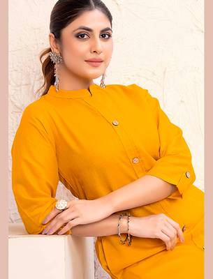 Yellow magic cotton embroidered solid formal kurta 2