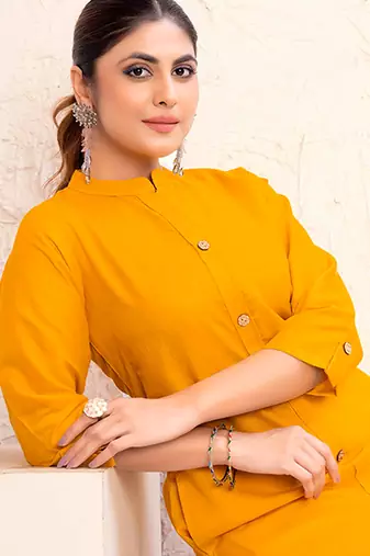 Yellow magic cotton embroidered solid formal kurta