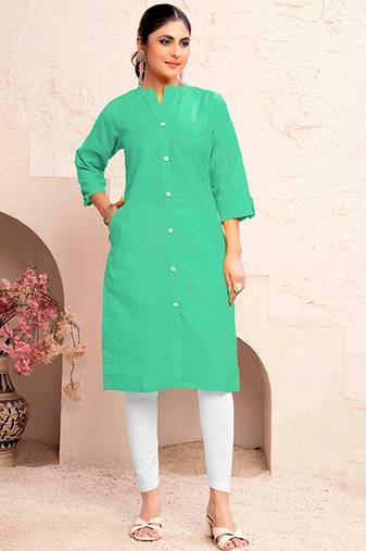Sea green magic cotton embroidered solid formal girlie kurta