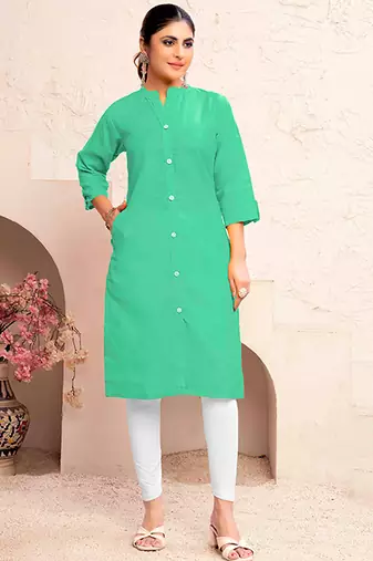 Sea green magic cotton embroidered solid formal girlie kurta