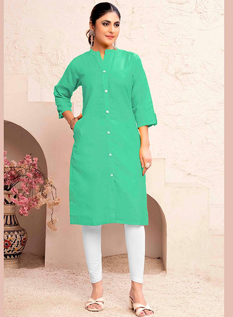 Sea green magic cotton embroidered solid formal girlie kurta