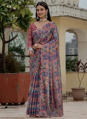 multi color chinon silk blend floral printed with mirror cut border ready to wear saree 1