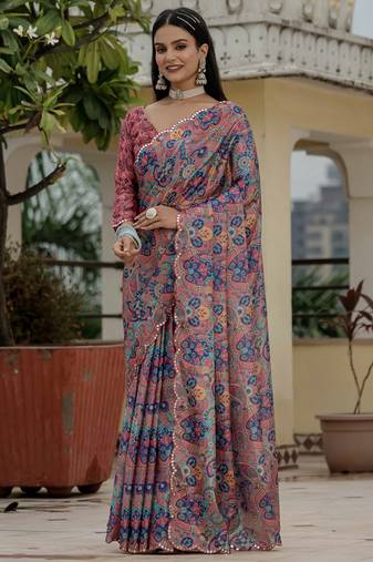 multi color chinon silk blend floral printed with mirror cut border ready to wear saree