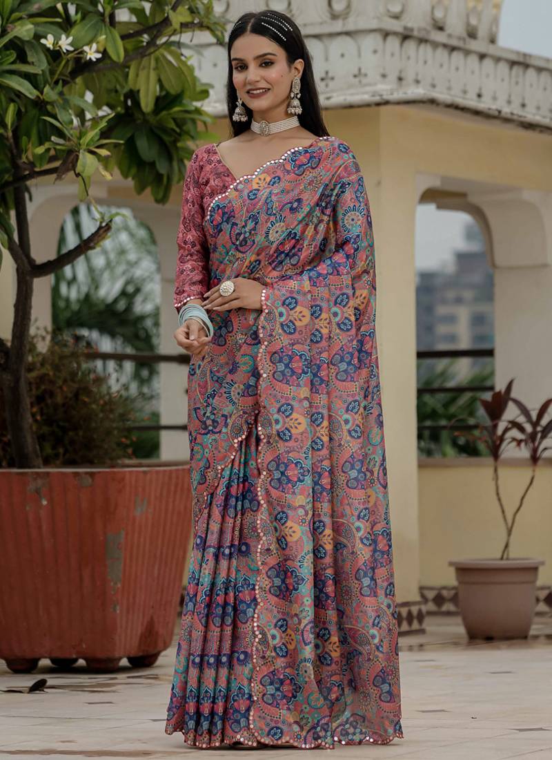 multi color chinon silk blend floral printed with mirror cut border ready to wear saree