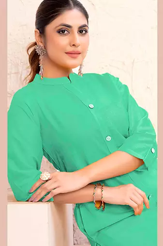 Sea green magic cotton embroidered solid formal kurta
