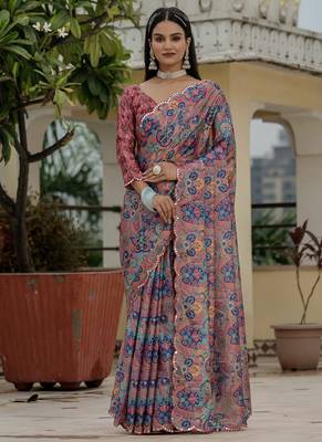 multi color chinon silk blend floral printed with mirror cut border ready to wear saree 2