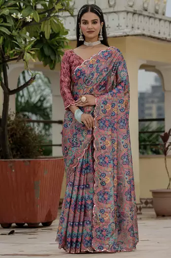 multi color chinon silk blend floral printed with mirror cut border ready to wear saree