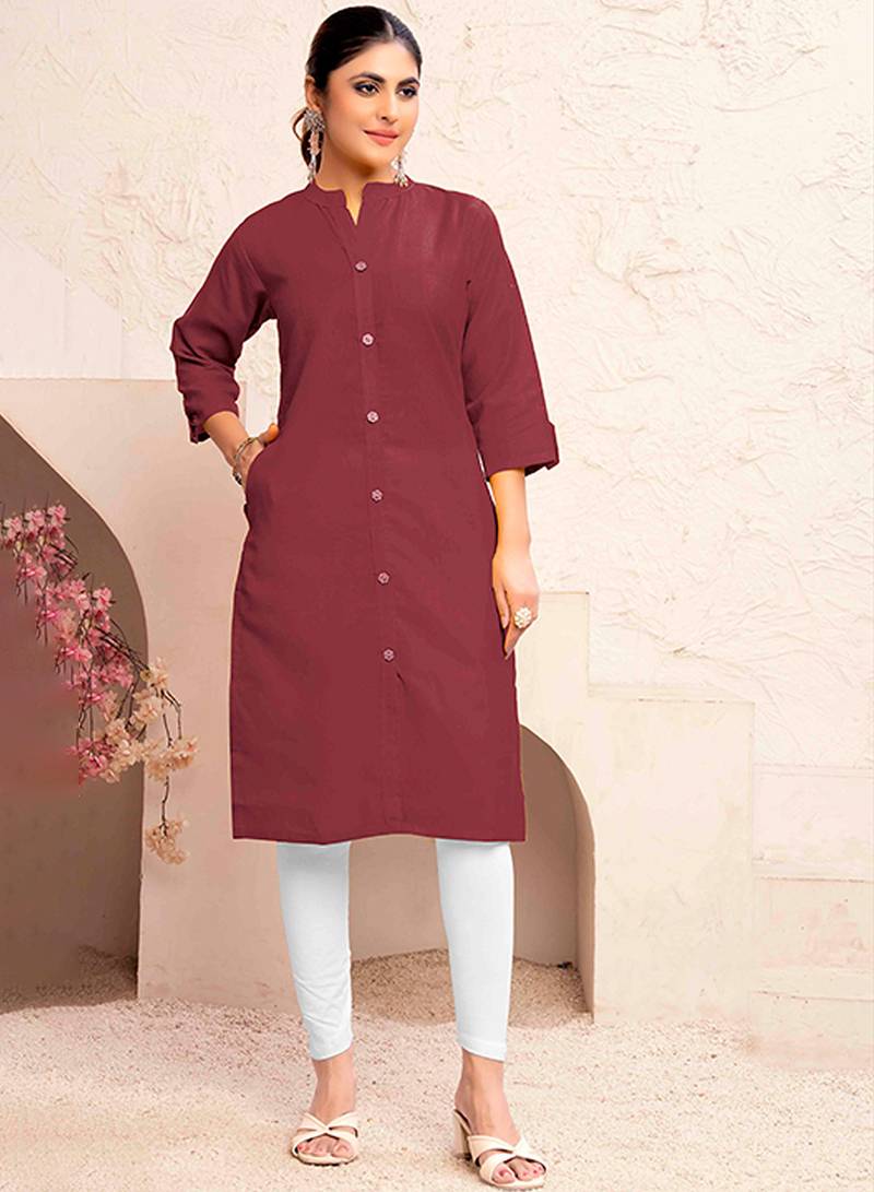 Maroon magic cotton embroidered solid formal girlie kurta
