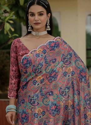 multi color chinon silk blend floral printed with mirror cut border ready to wear saree 3