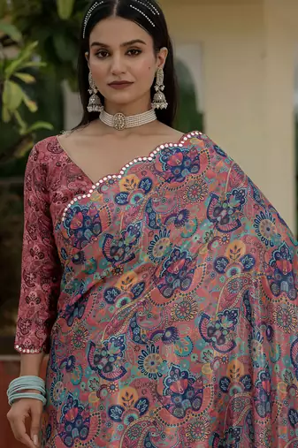 multi color chinon silk blend floral printed with mirror cut border ready to wear saree