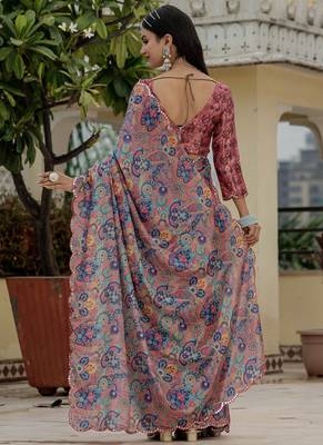 multi color chinon silk blend floral printed with mirror cut border ready to wear saree 4