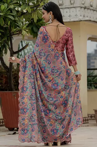 multi color chinon silk blend floral printed with mirror cut border ready to wear saree