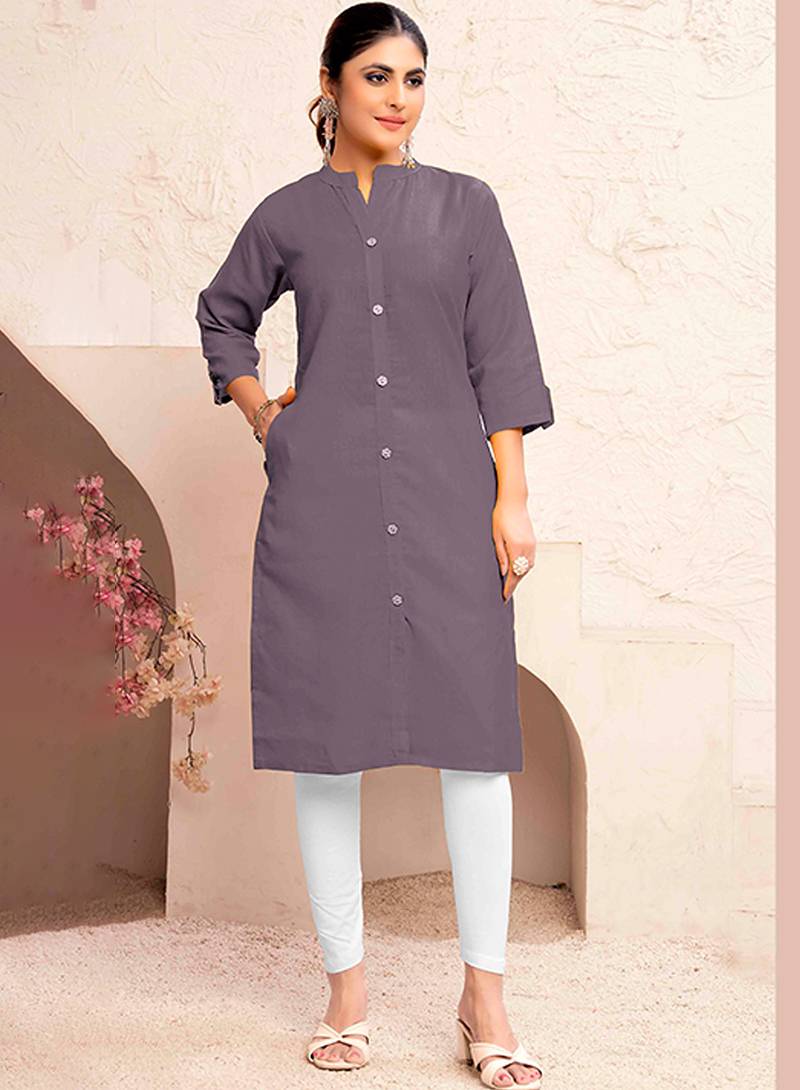 Grey magic cotton embroidered solid formal girlie kurta