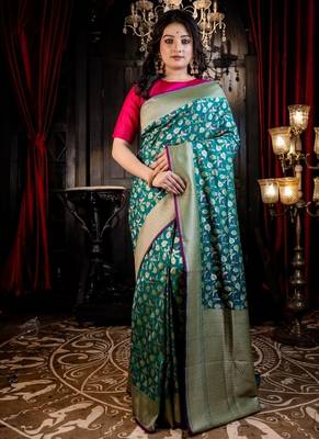 green woven matka silk blend zari woven all seasons sarees 1